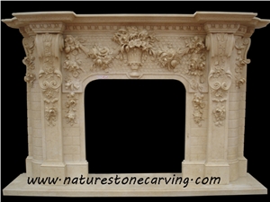 Beige Limestone Flower Handcarved Fireplace Mantel