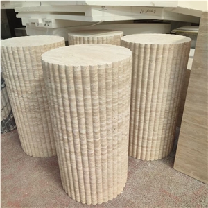 Cava Fluted Round Beige Travertine Drum Side Table