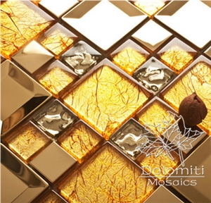 Glass and Metal Mosaic Tiles,Golden Metal and Golden Crystal Glass Mosaic