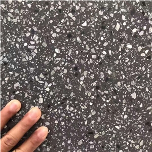 Honed Black Terrazzo Tile Floor Paving Project, Cement Stone