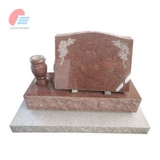 India Red Granite Polished Slant Monument With Rose Carving